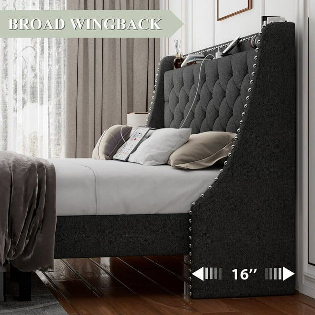 iPormis Full Bed Frame with Upholstered Wingback Button Tufted Storage Headboard