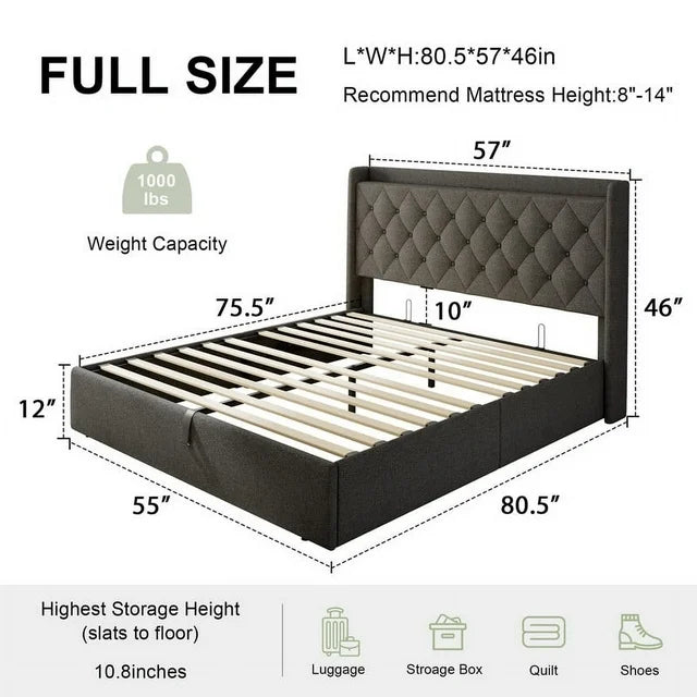 iPormis Queen Size Bed Frame with Lift up Storage & Charging Station, Button Tufted Wingback Upholstered Headboard