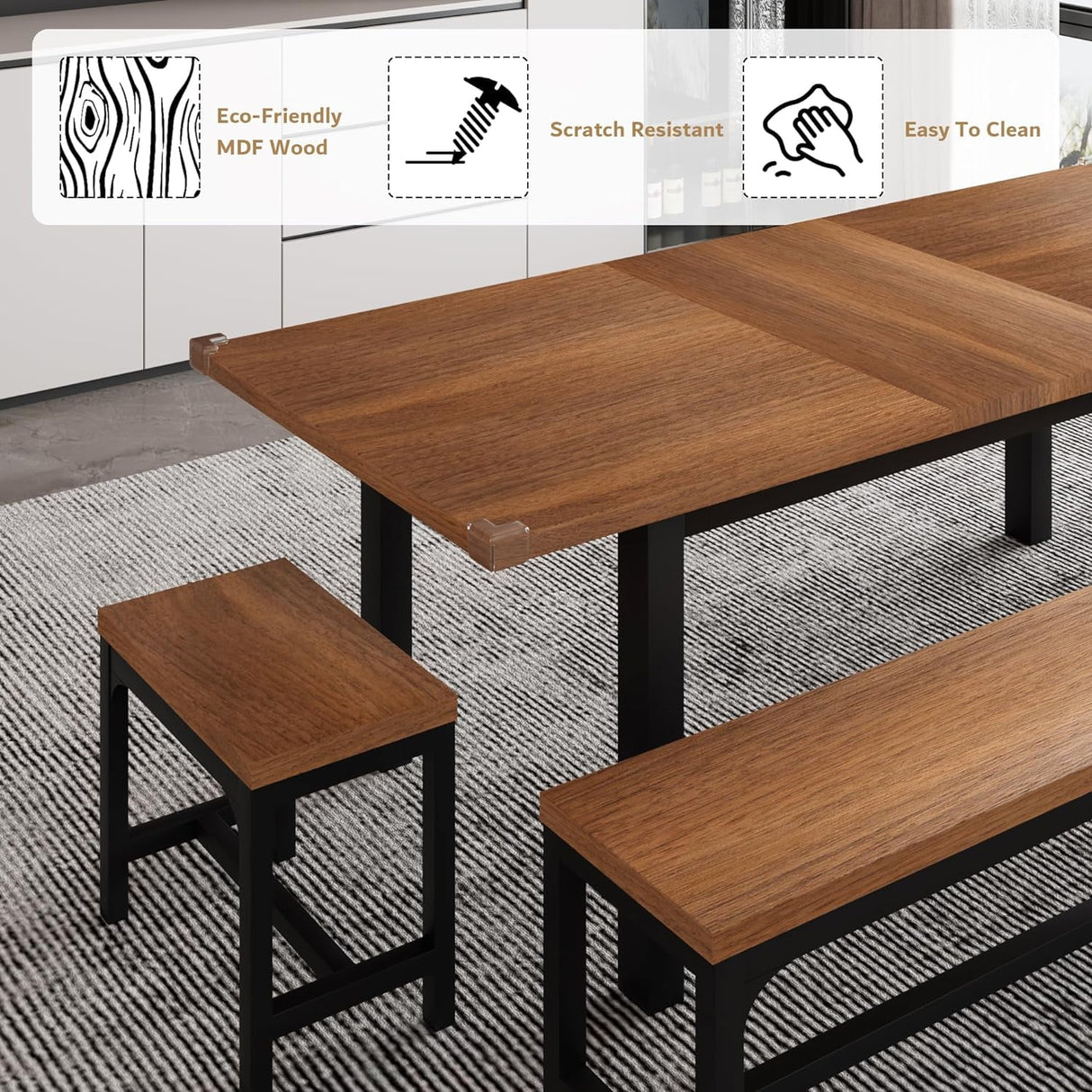 iPormis 5-Piece Dining Table Set for 4-8 People, Extendable Kitchen Table Set with 2 Benches and 2 Square Stools