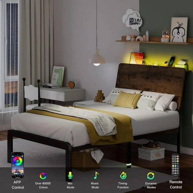 iPormis Bed Frame with Ergonomic Storage Headboard & Charging Station
