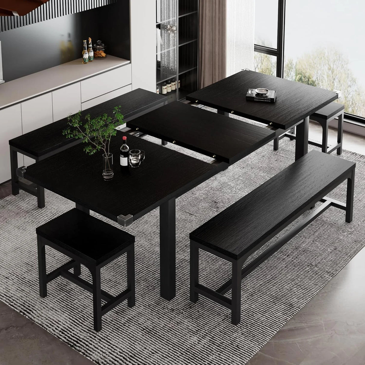 iPormis 5-Piece Dining Table Set for 4-8 People, Extendable Kitchen Table Set with 2 Benches and 2 Square Stools