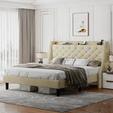 iPormis Full Bed Frame with Upholstered Wingback Button Tufted Storage Headboard
