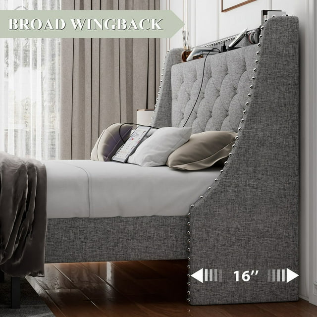 iPormis Full Bed Frame with Upholstered Wingback Button Tufted Storage Headboard