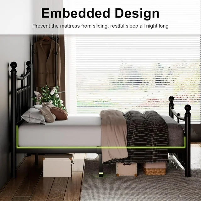iPormis Queen Metal Bed Frame with Victorian Vintage Headboard and Footboard