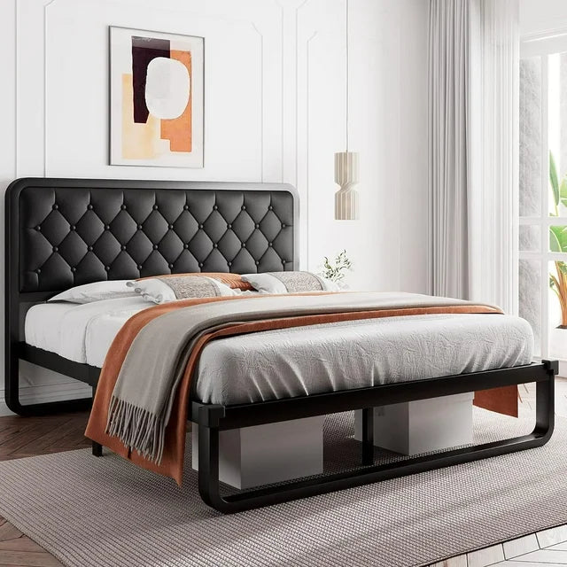 iPormis Queen Size Metal Bed Frame with Linen Upholstered Headboard, 12'' Underbed Space