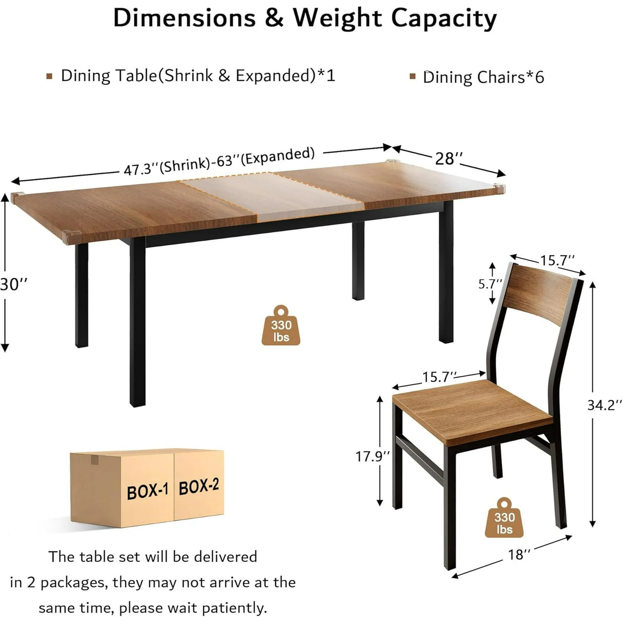iPormis 63" Extendable Kitchen Table Set for 4-6 People