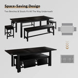 iPormis 5-Piece Dining Table Set for 4-8 People, Extendable Kitchen Table Set with 2 Benches and 2 Square Stools