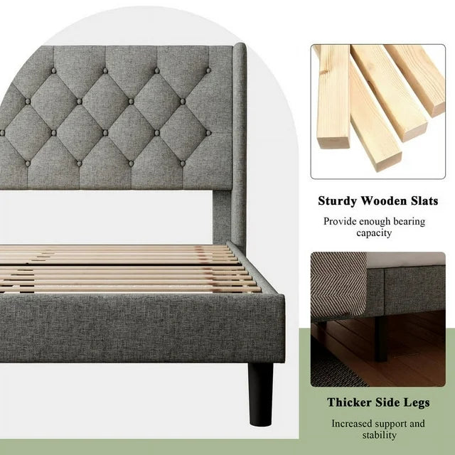 iPormis Bed Frame with Diamond Button Tufted Wingback Headboard, Upholstered Platform Bed Frame