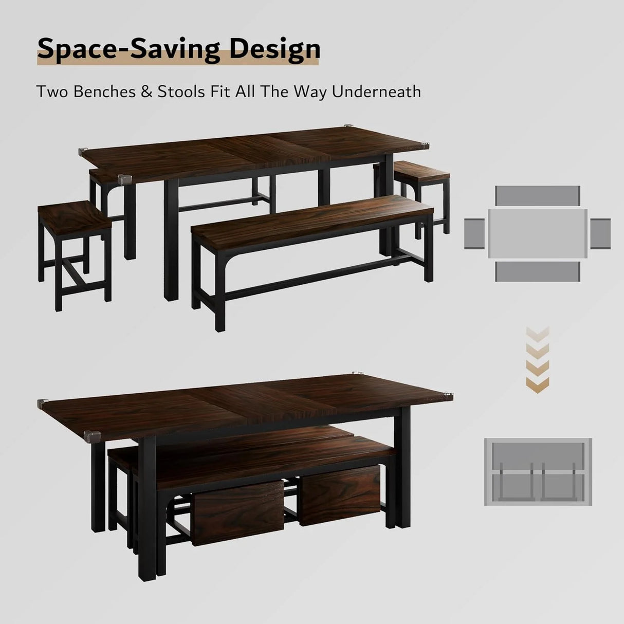 iPormis 5-Piece Dining Table Set for 4-8 People, Extendable Kitchen Table Set with 2 Benches and 2 Square Stools