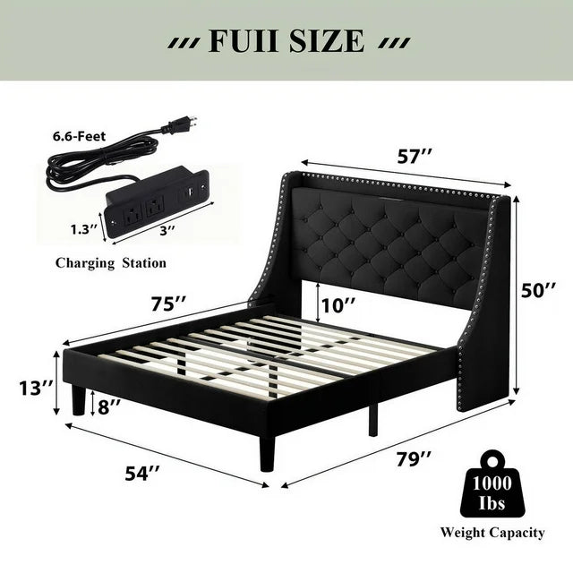 iPormis Full Bed Frame with Upholstered Wingback Button Tufted Storage Headboard