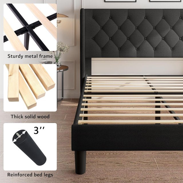 iPormis Bed Frame with Diamond Button Tufted Wingback Headboard, Upholstered Platform Bed Frame