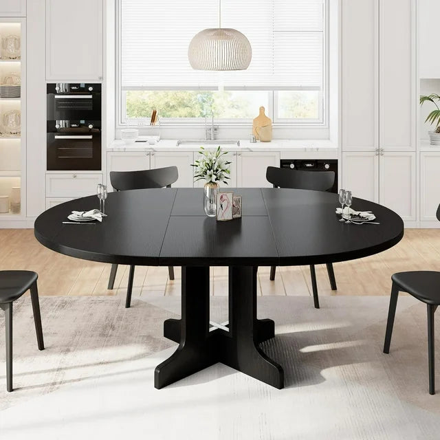 iPormis 59" Extendable Round Dining Table for 6 Modern Kitchen Table with Sturdy Wooden Base, Dining Room Table with Thickened MDF Board