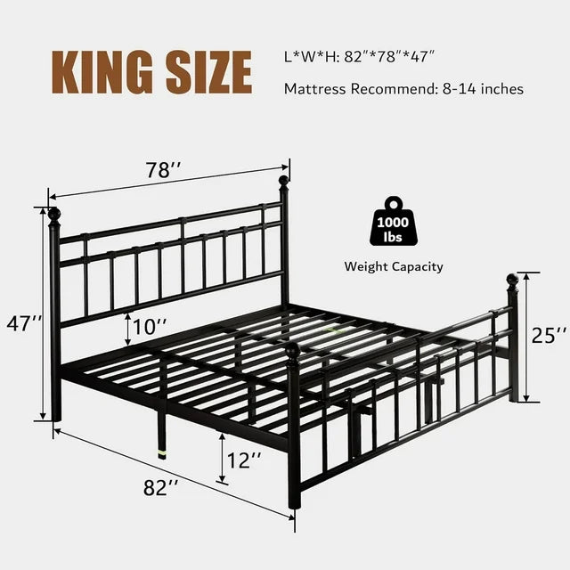 iPormis Queen Metal Bed Frame with Victorian Vintage Headboard and Footboard