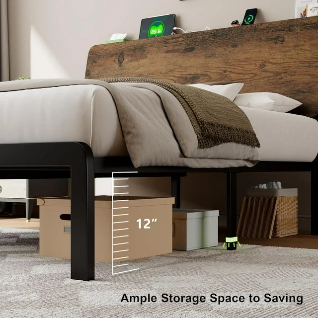 iPormis Bed Frame with Ergonomic Storage Headboard & Charging Station