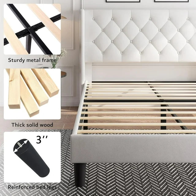 iPormis Bed Frame with Diamond Button Tufted Wingback Headboard, Upholstered Platform Bed Frame