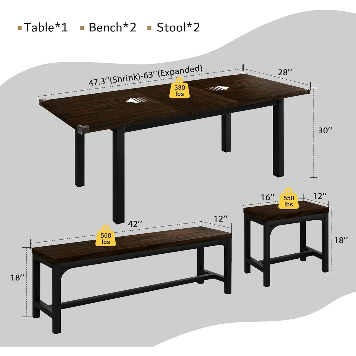 iPormis 5-Piece Dining Table Set for 4-8 People, Extendable Kitchen Table Set with 2 Benches and 2 Square Stools
