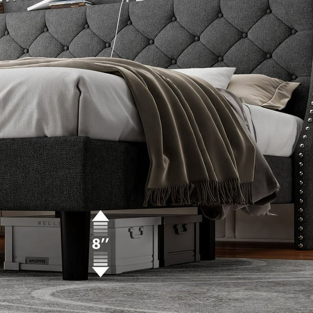 iPormis Full Bed Frame with Upholstered Wingback Button Tufted Storage Headboard