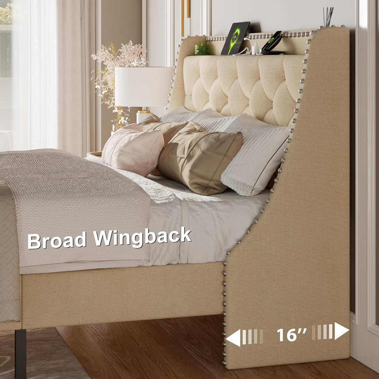 Feonase Bed Frame with Luxury Wingback and Charging Station