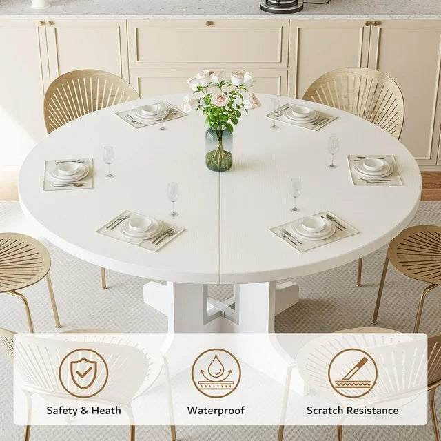iPormis 59" Extendable Round Dining Table for 6 Modern Kitchen Table with Sturdy Wooden Base, Dining Room Table with Thickened MDF Board