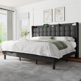 Feonase Bed Frame with Charging Station, Upholstered Platform Frame with Wingback Storage Headboard