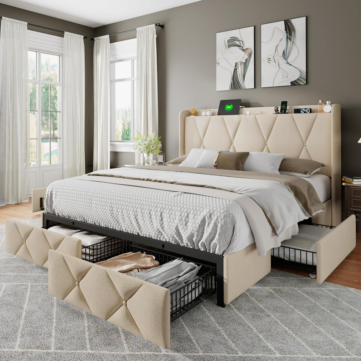 Feonase Bed Frame with 4 Storage Drawers