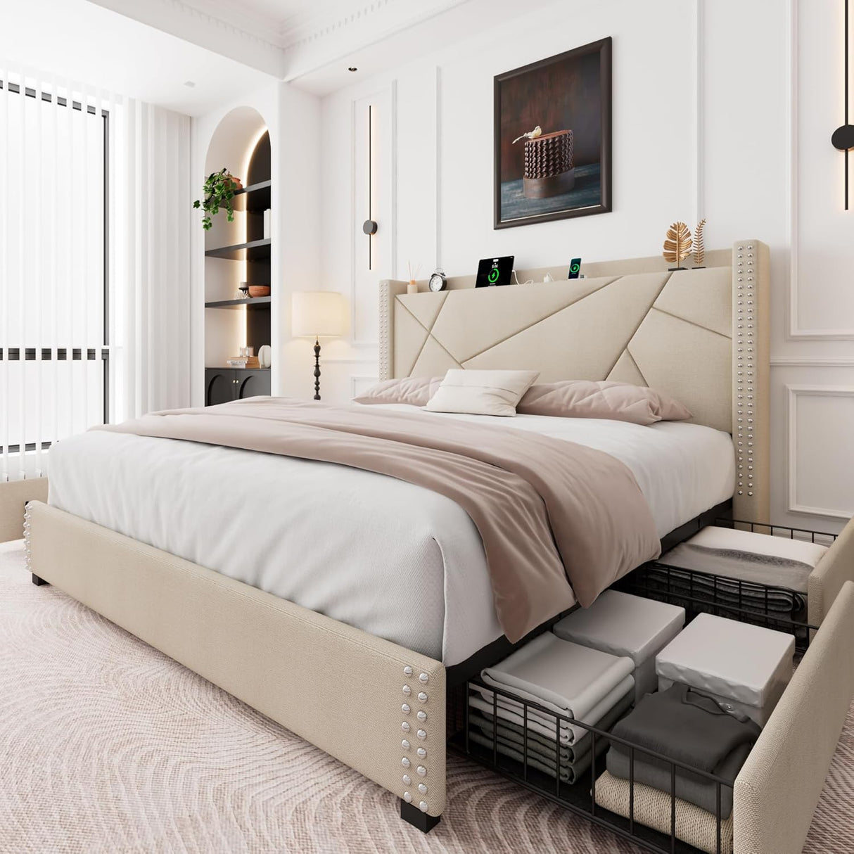Feonase Platform Bed Frame with 4 Storage Drawers and Charging Station