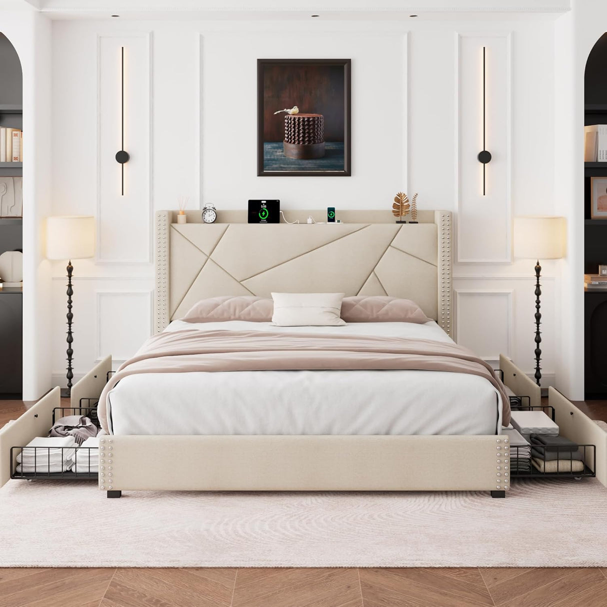 Feonase Platform Bed Frame with 4 Storage Drawers and Charging Station