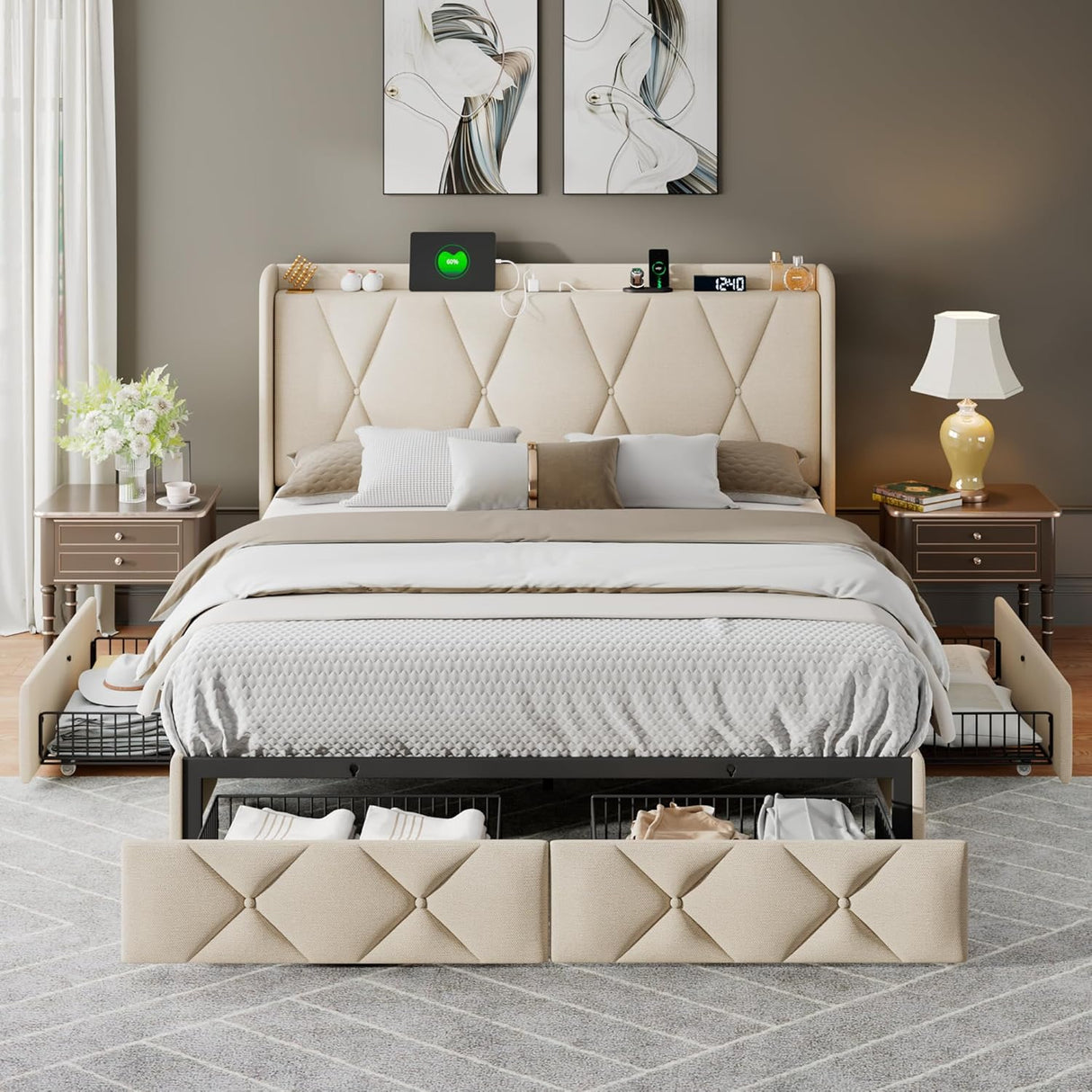 Feonase Bed Frame with 4 Storage Drawers