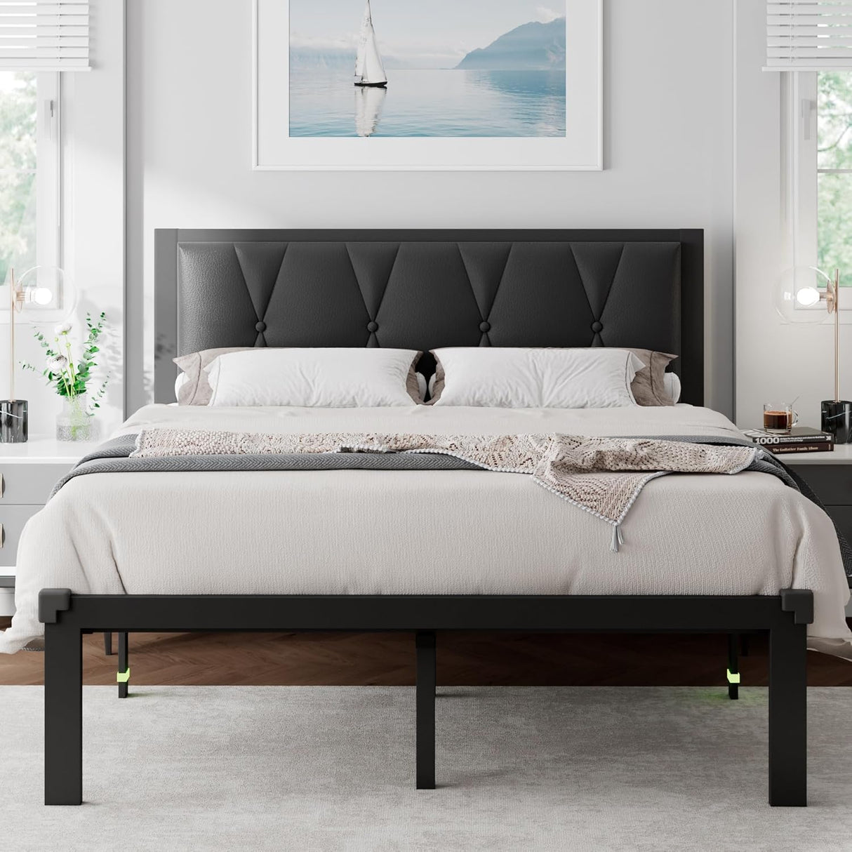 Feonase Metal Bed Frame with Fabric Button Tufted Headboard