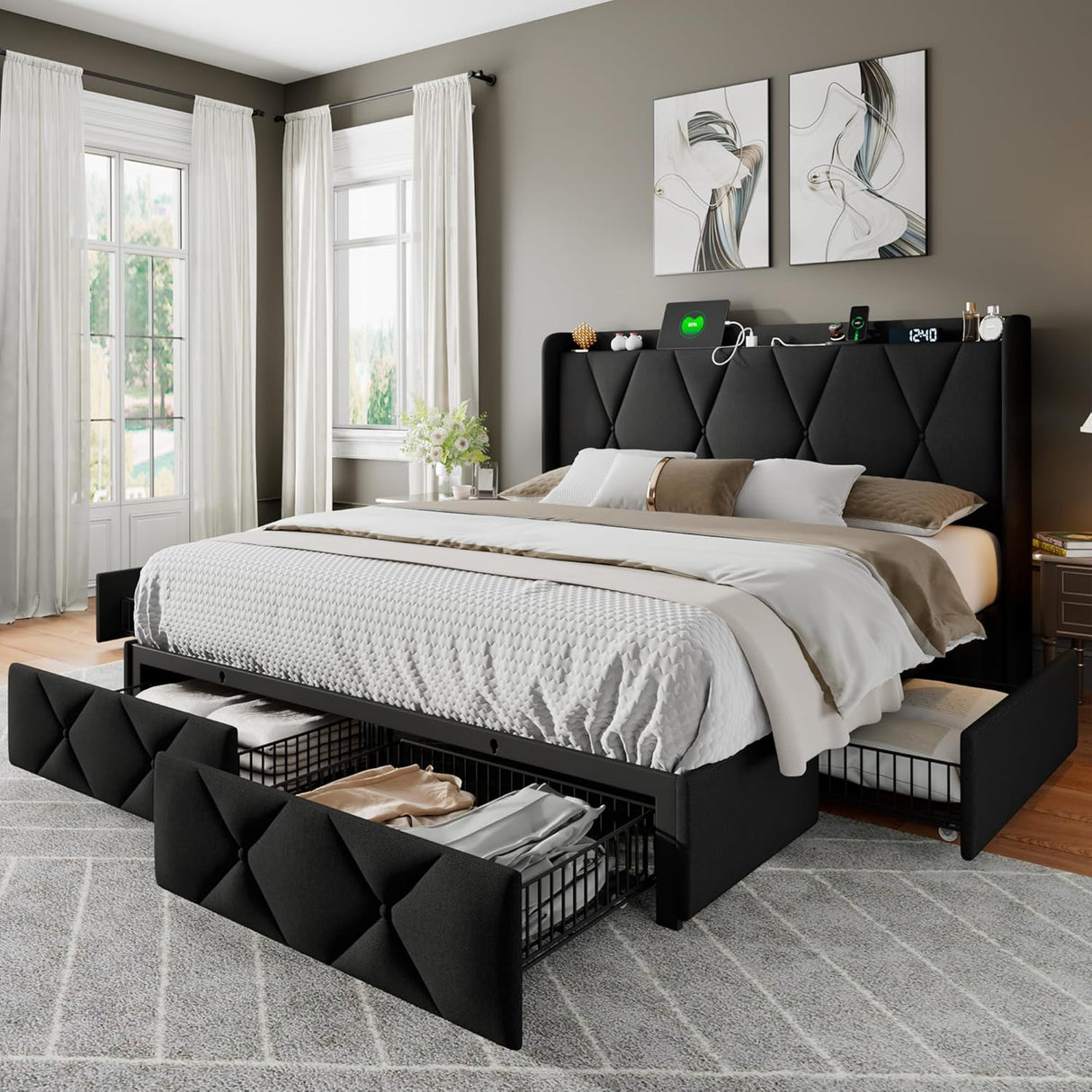 Feonase Bed Frame with 4 Storage Drawers