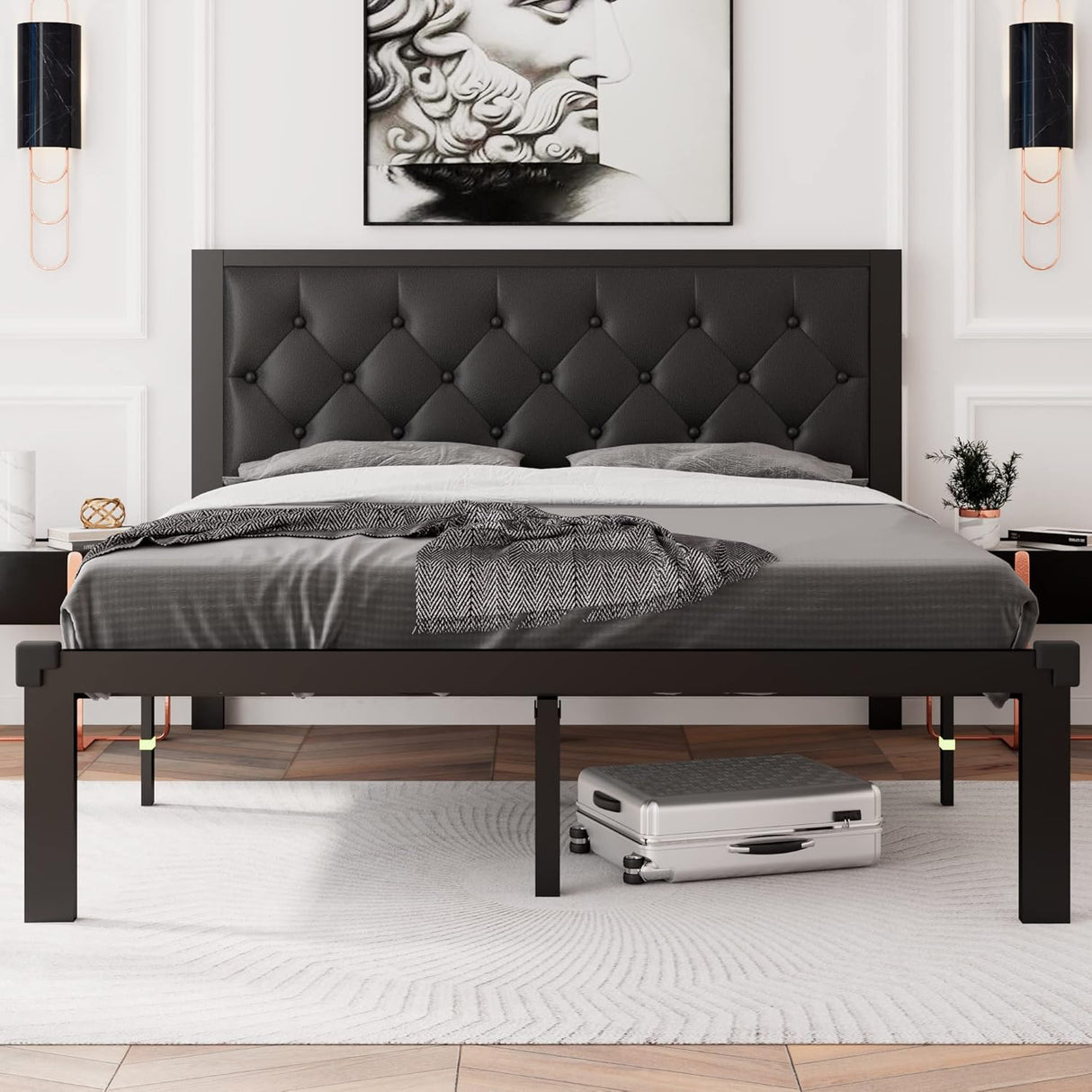Feonase Metal Bed Frame Heavy-Duty Platform Bed Frame with Linen Upholstered Headboard