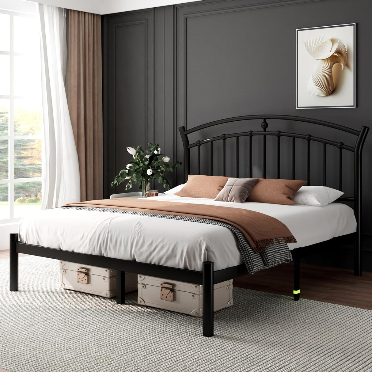 Feonase Metal Bed Frame with Retro Headboard
