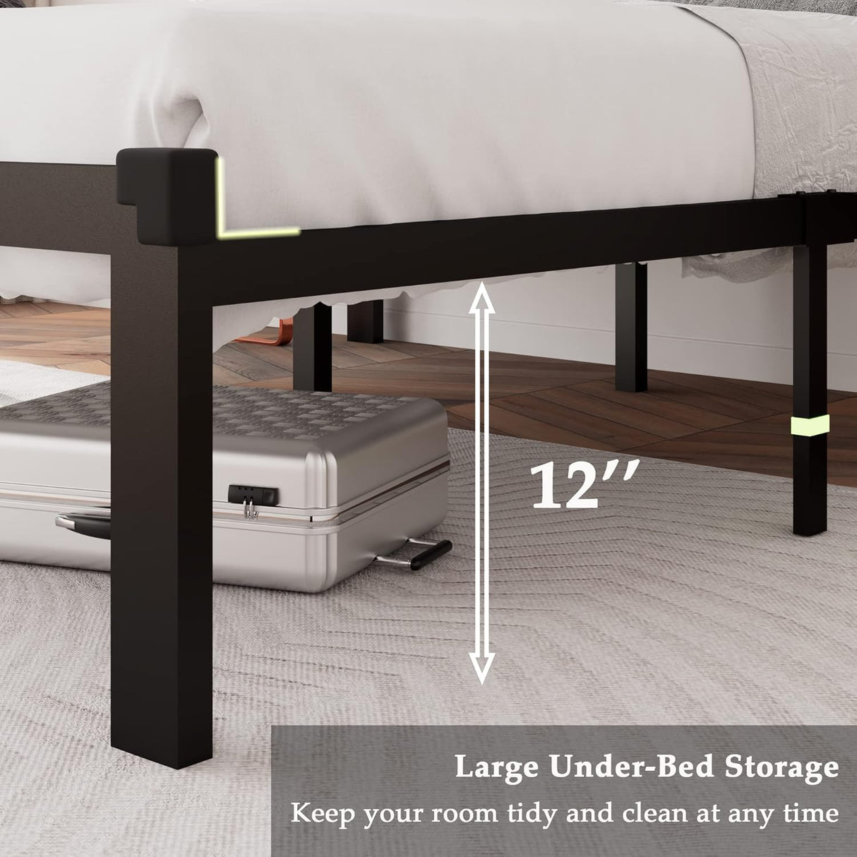 Feonase Metal Bed Frame Heavy-Duty Platform Bed Frame with Linen Upholstered Headboard