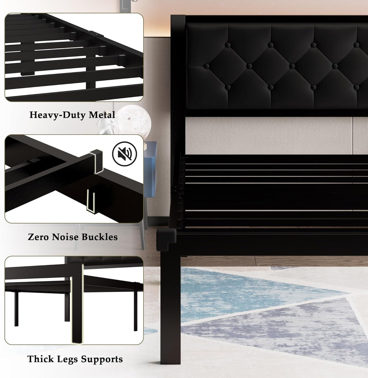 Feonase Metal Bed Frame with Linen Upholstered Headboard