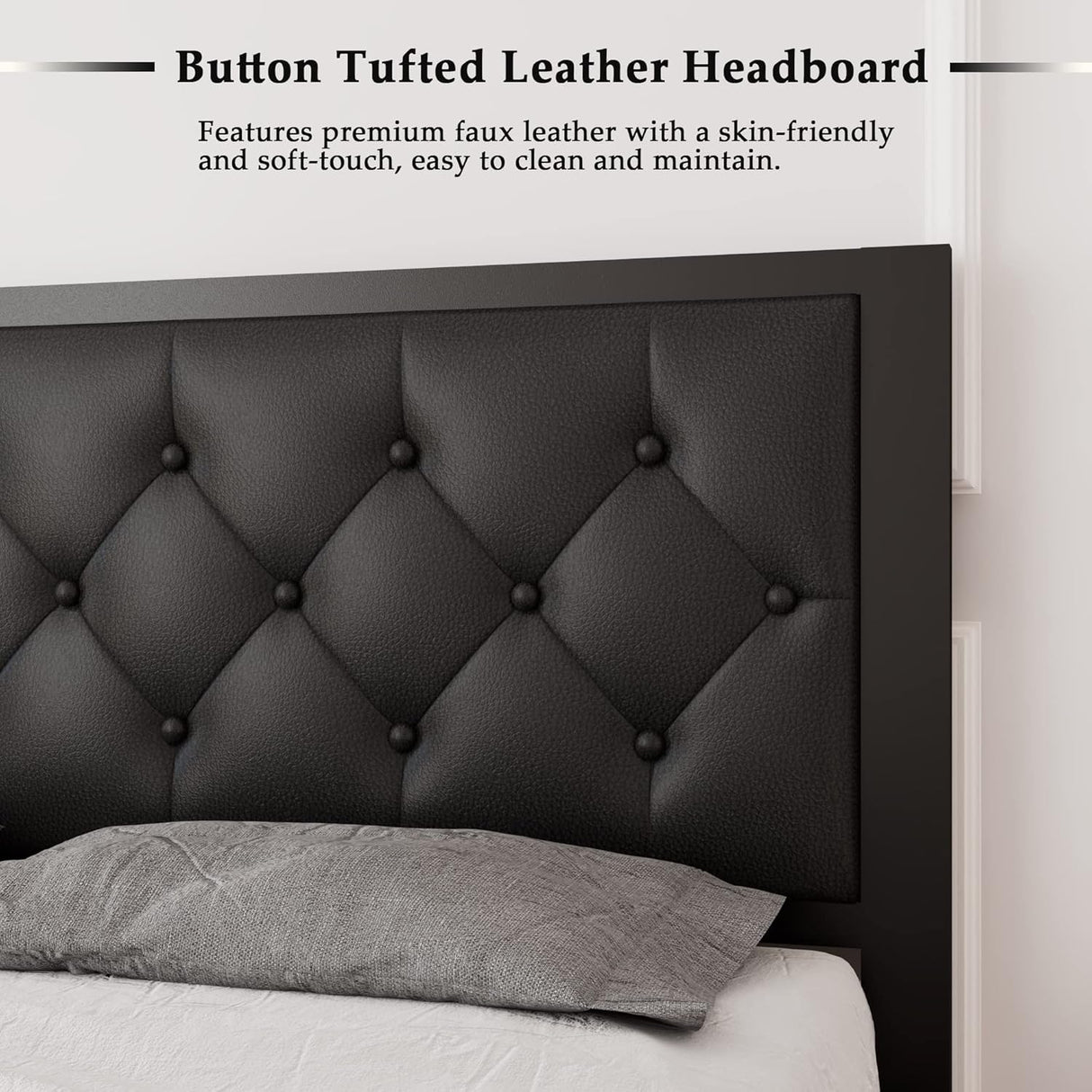 Feonase Metal Bed Frame Heavy-Duty Platform Bed Frame with Linen Upholstered Headboard
