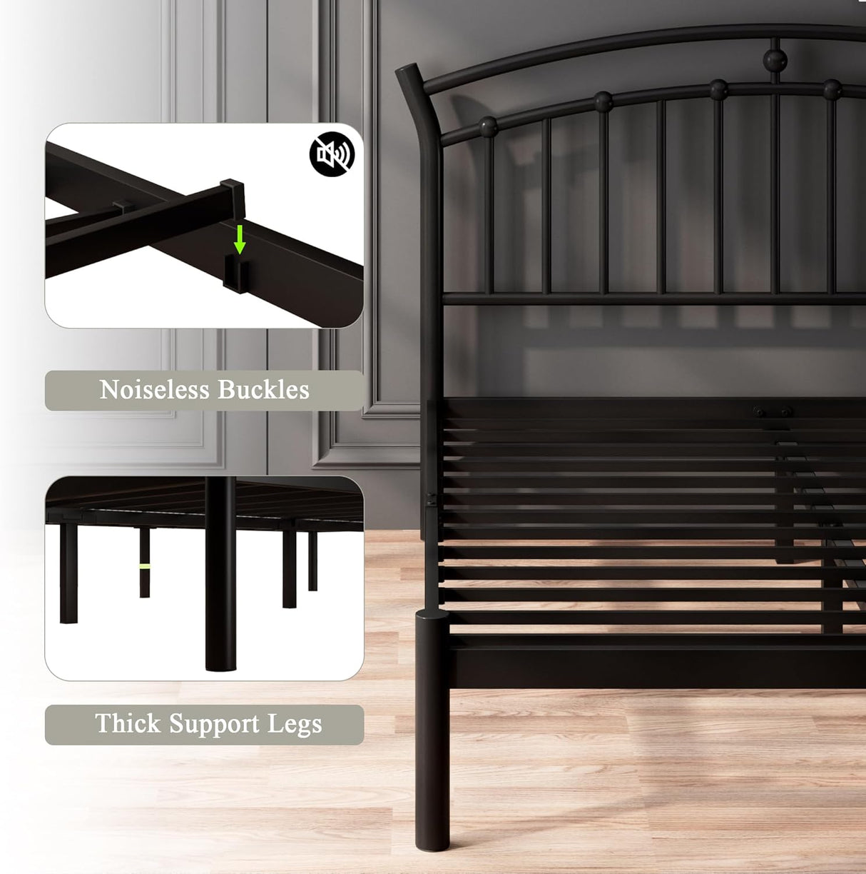 Feonase Metal Bed Frame with Retro Headboard