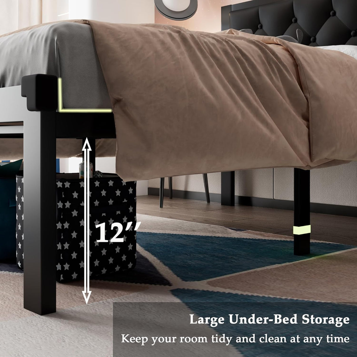 Feonase Metal Bed Frame with Linen Upholstered Headboard