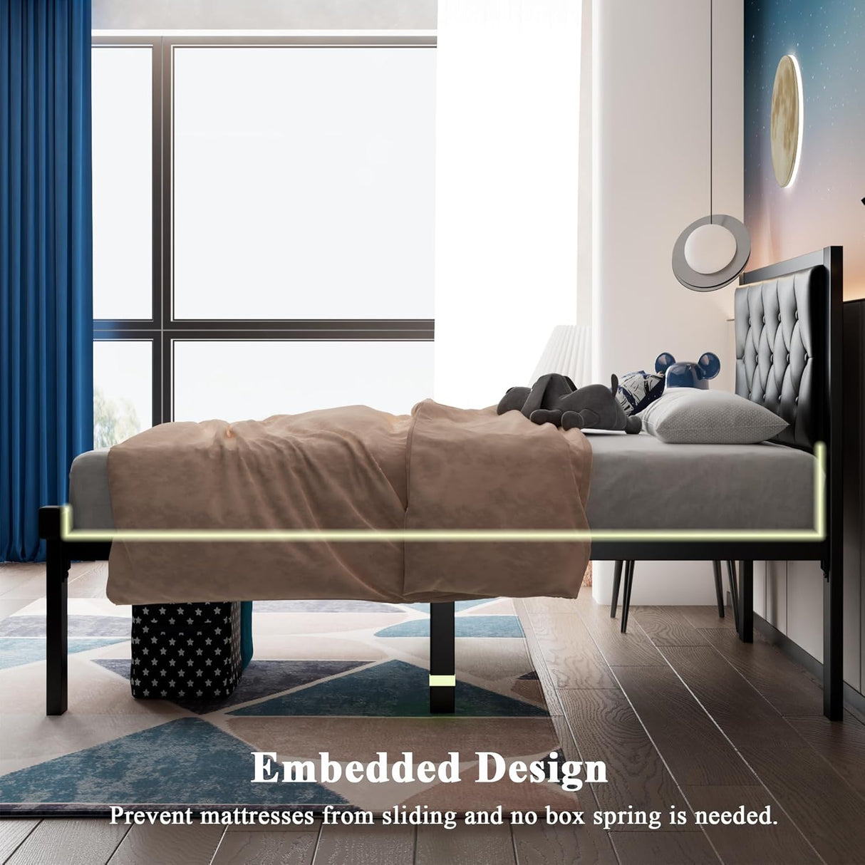 Feonase Metal Bed Frame with Linen Upholstered Headboard