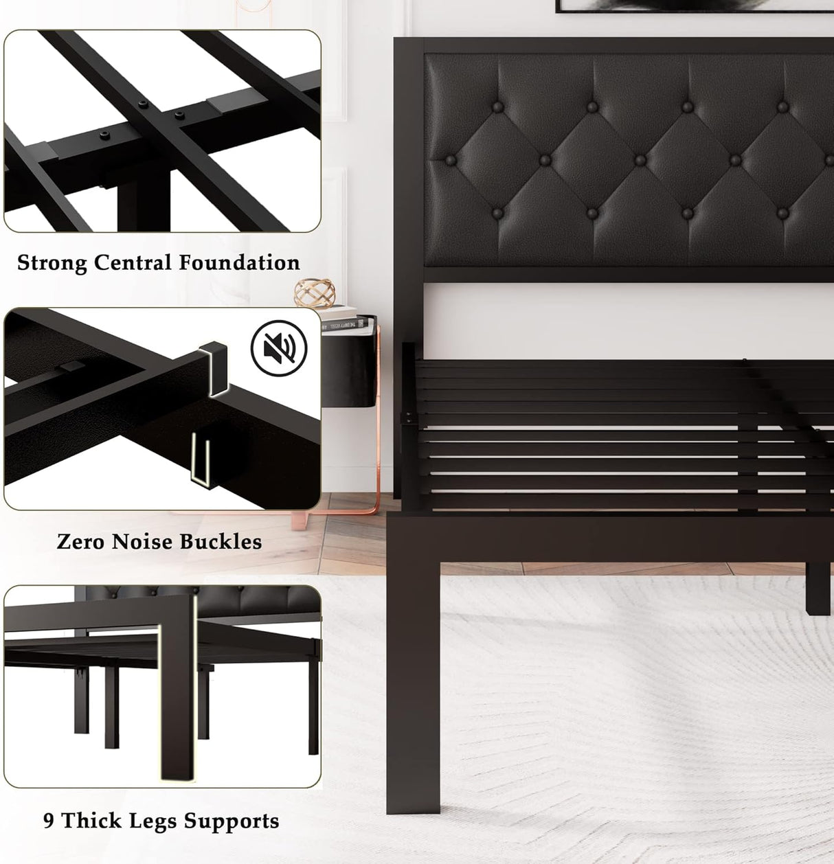 Feonase Metal Bed Frame Heavy-Duty Platform Bed Frame with Linen Upholstered Headboard