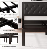 Feonase Metal Bed Frame Heavy-Duty Platform Bed Frame with Linen Upholstered Headboard