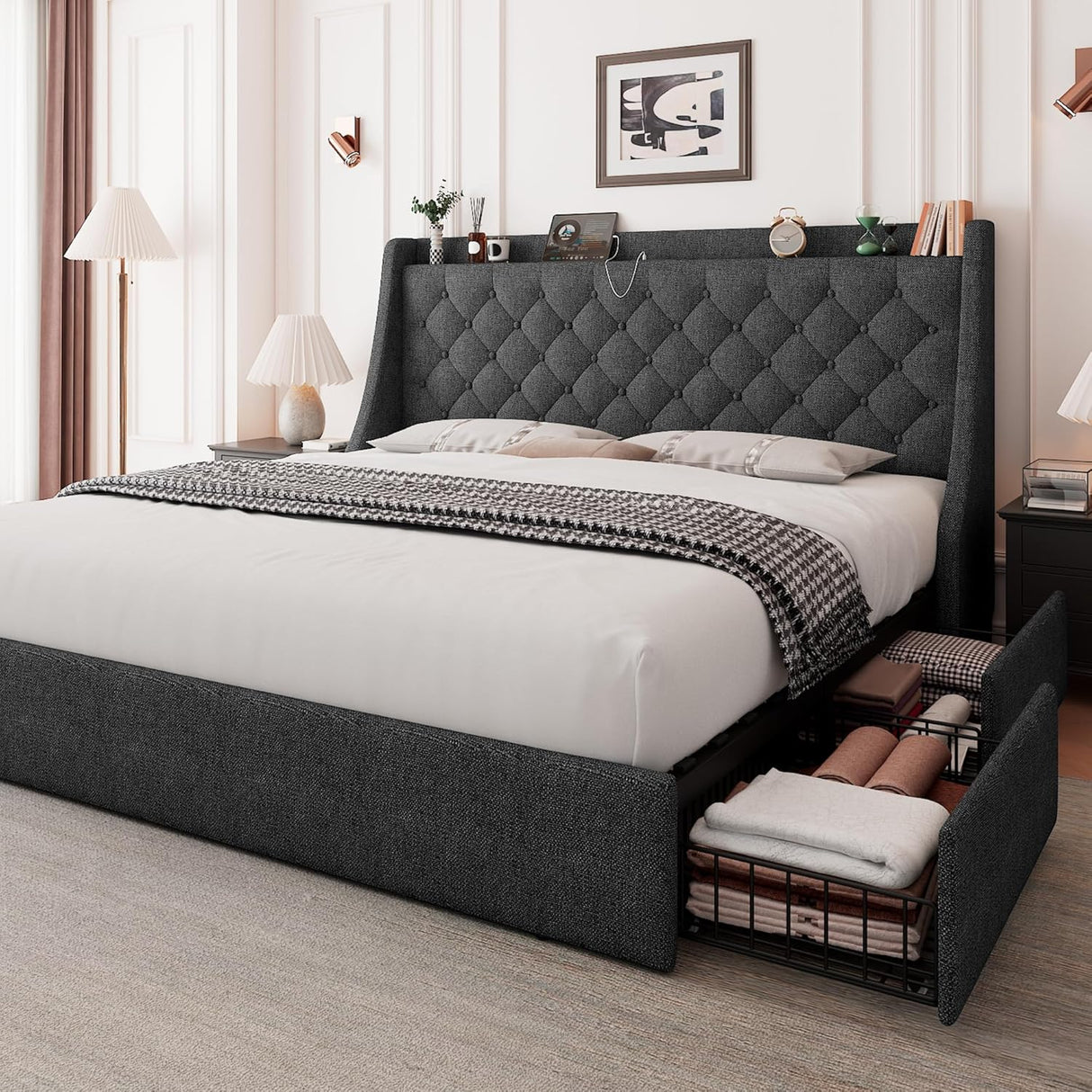 Feonase Bed Frame with 4 Storage Drawers