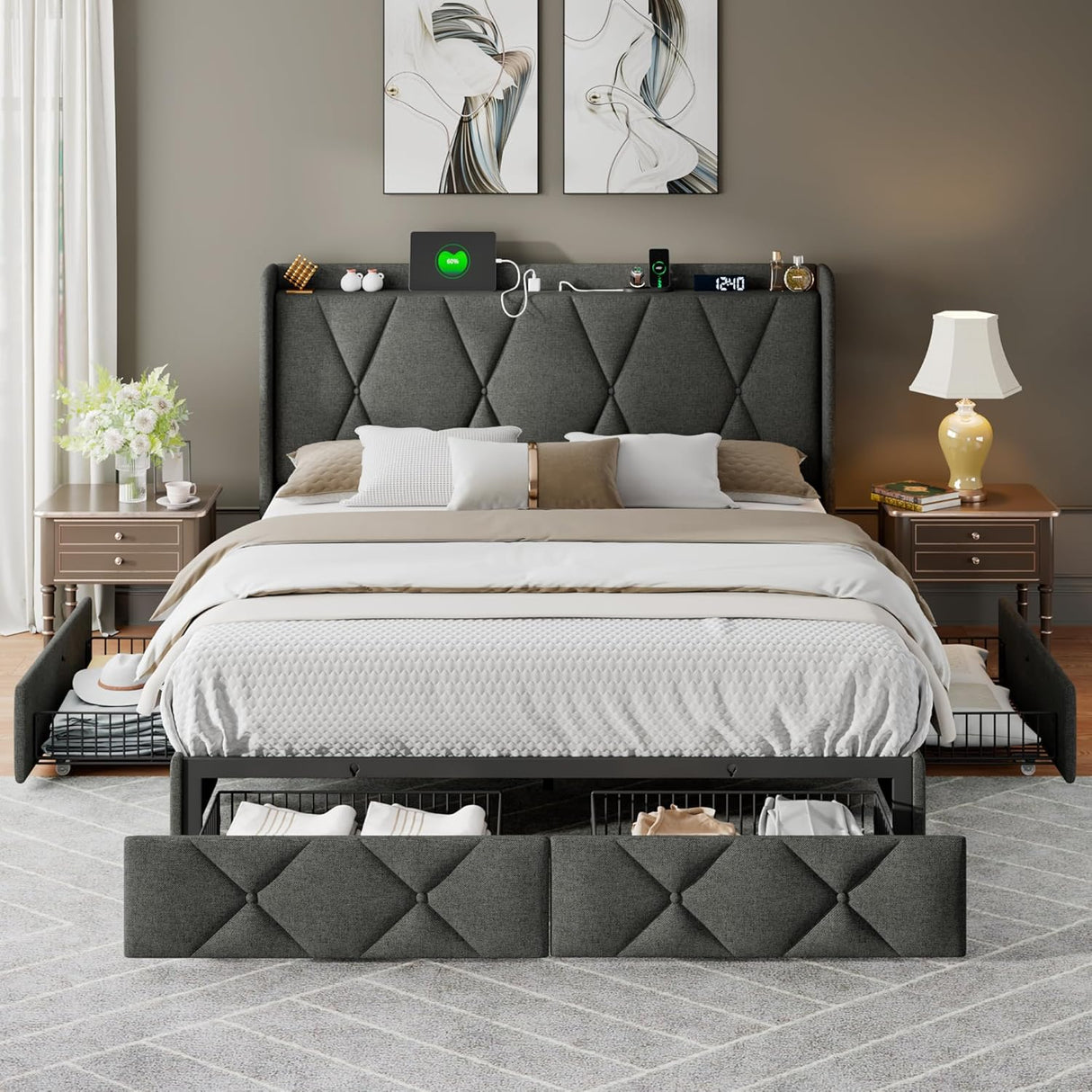 Feonase Bed Frame with 4 Storage Drawers