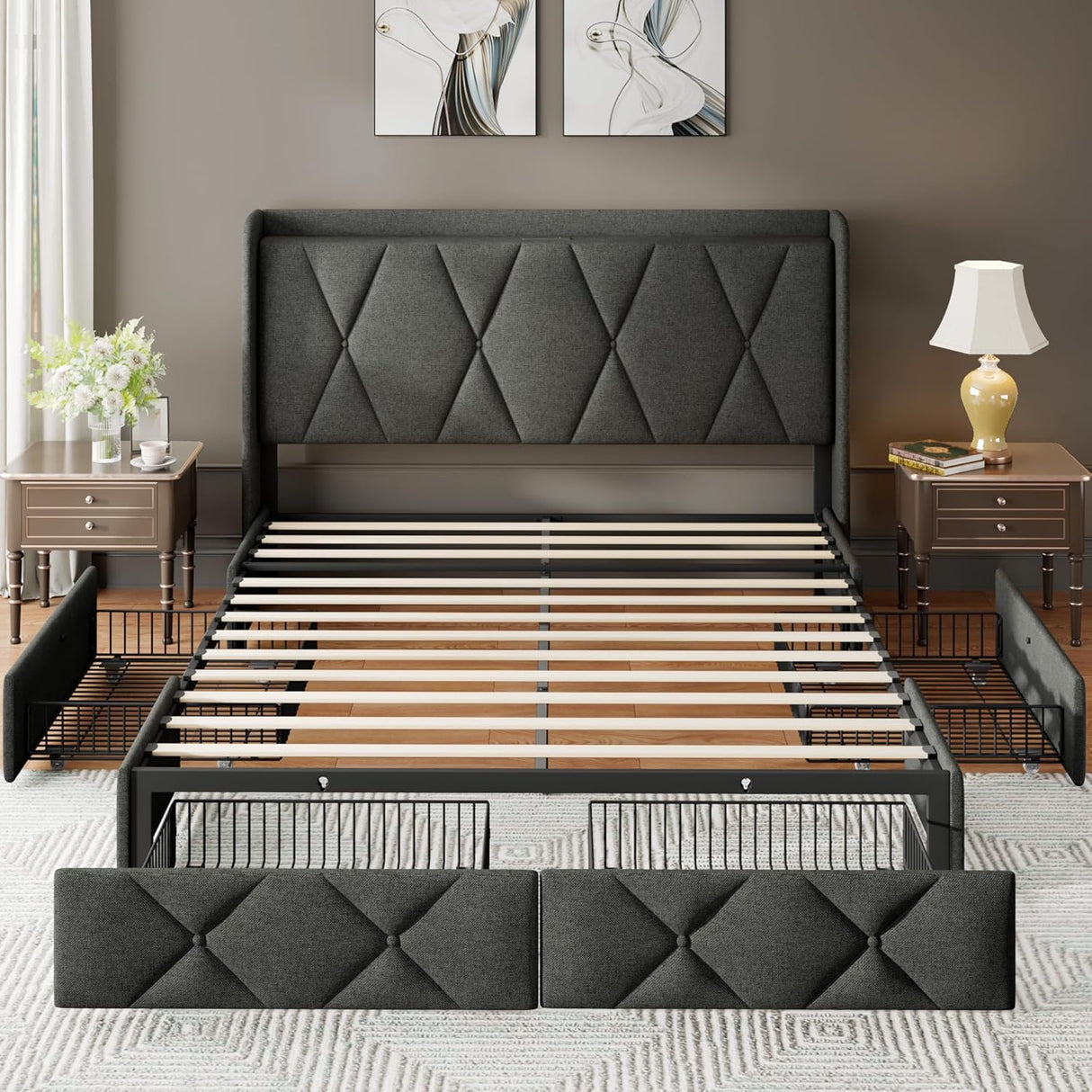 Feonase Bed Frame with 4 Storage Drawers