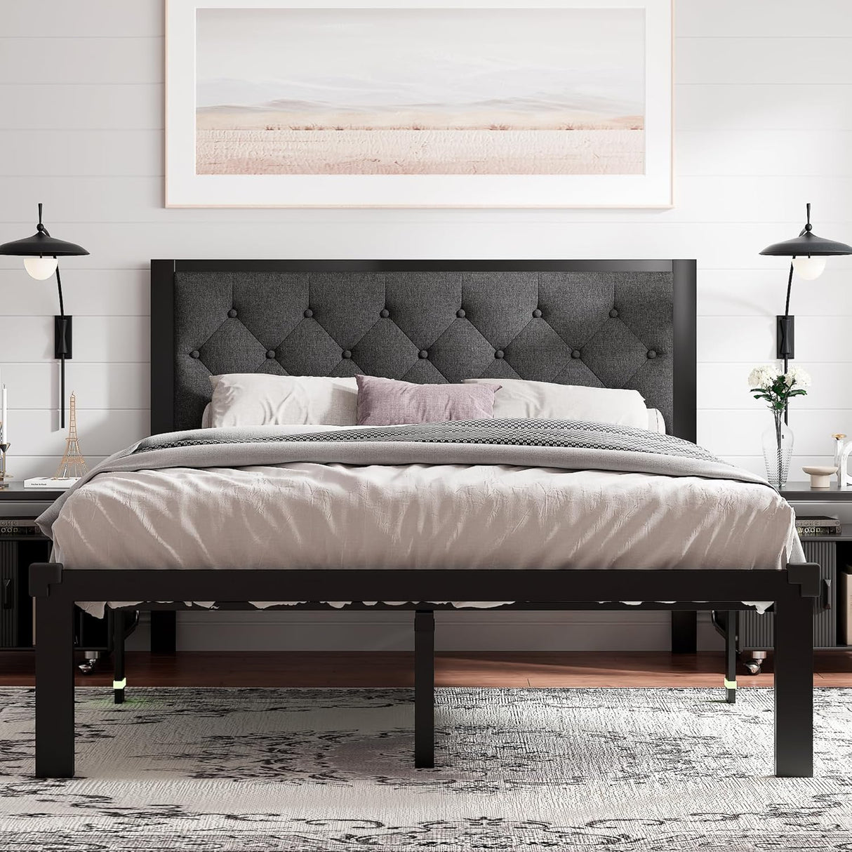 Feonase Metal Bed Frame Heavy-Duty Platform Bed Frame with Linen Upholstered Headboard