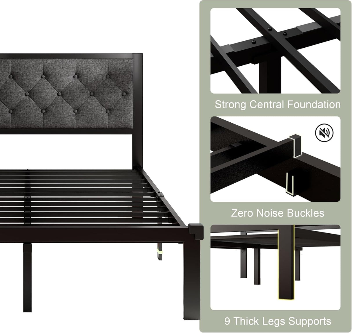 Feonase Metal Bed Frame Heavy-Duty Platform Bed Frame with Linen Upholstered Headboard