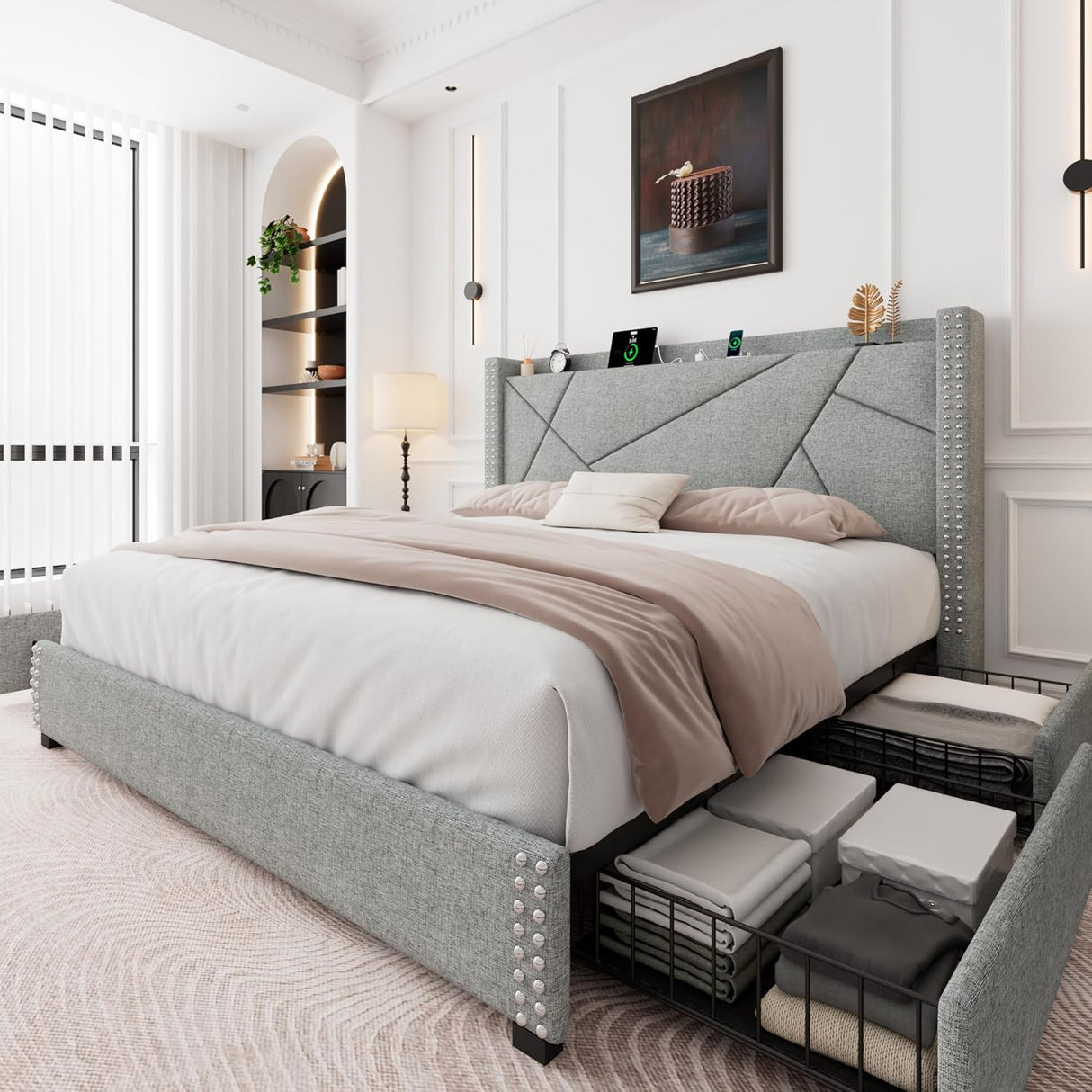 Feonase Platform Bed Frame with 4 Storage Drawers and Charging Station