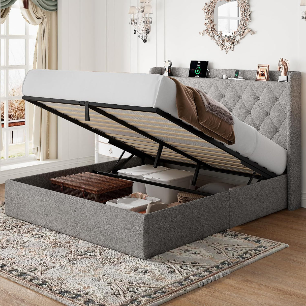 Feonase Lift Up Storage Bed Frame with Charging Station