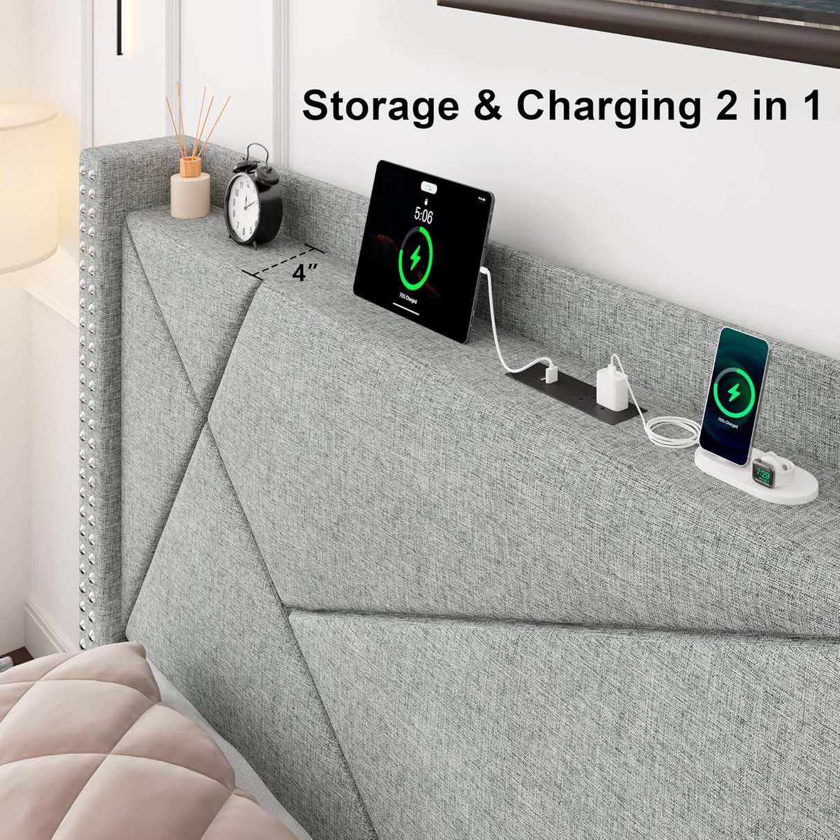 Feonase Platform Bed Frame with 4 Storage Drawers and Charging Station