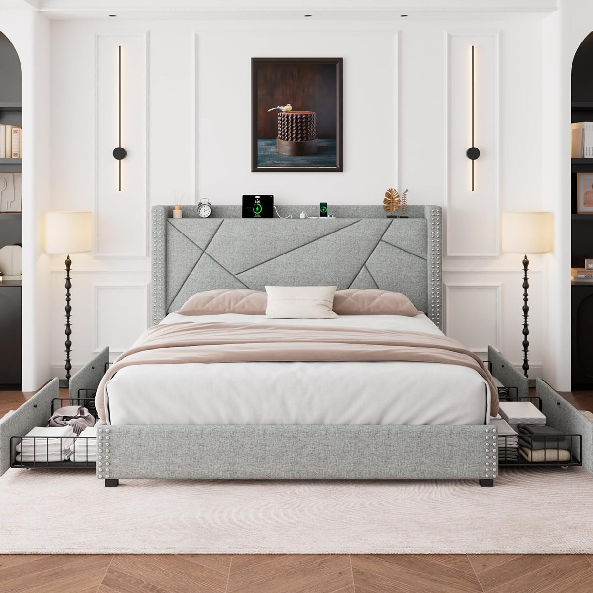 Feonase Platform Bed Frame with 4 Storage Drawers and Charging Station
