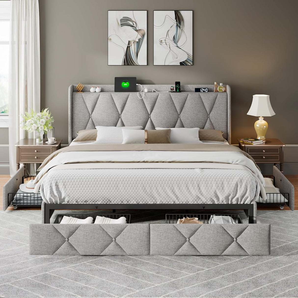 Feonase Bed Frame with 4 Storage Drawers